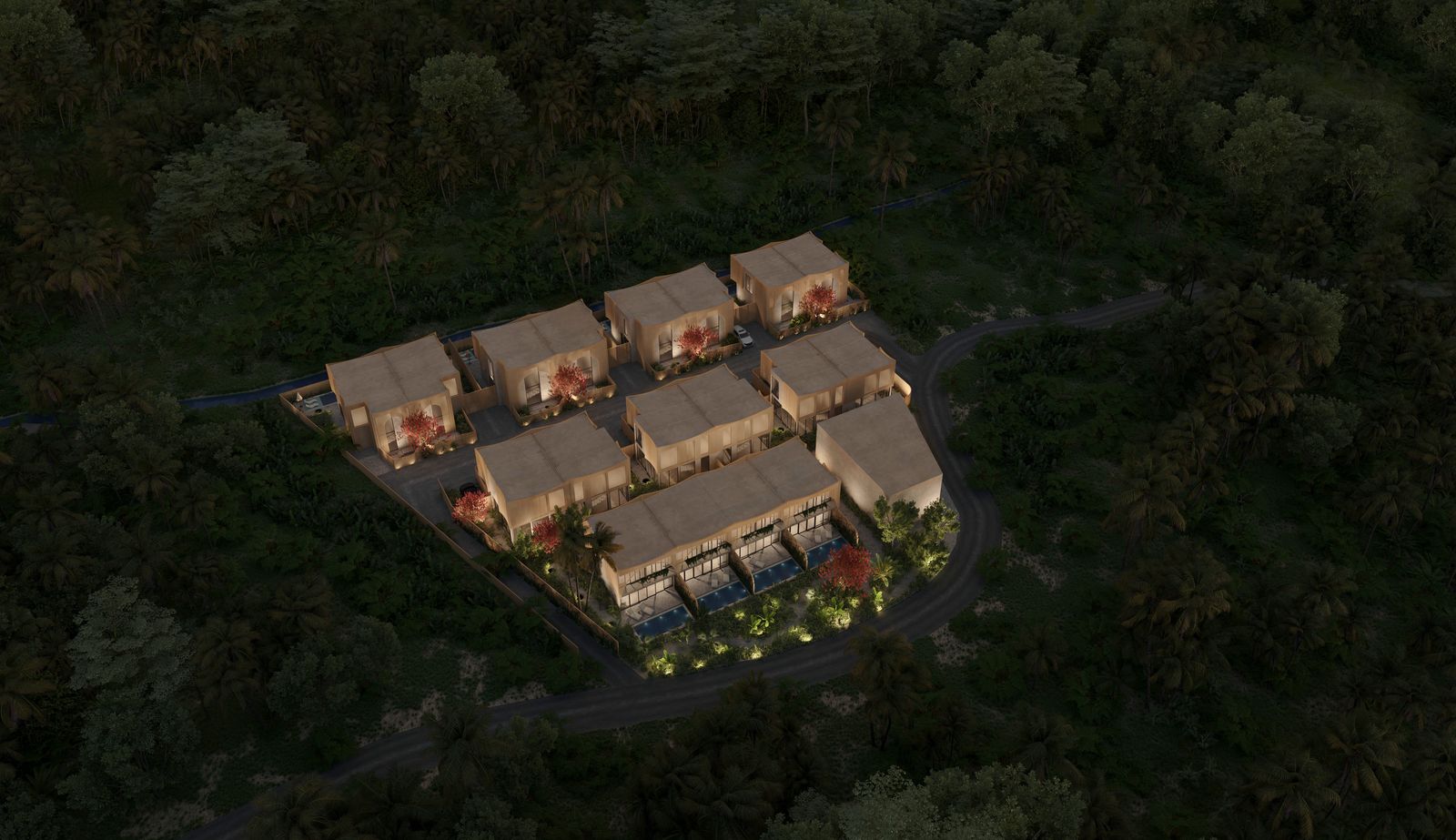 Aerial view of a Rise Development villa community at night