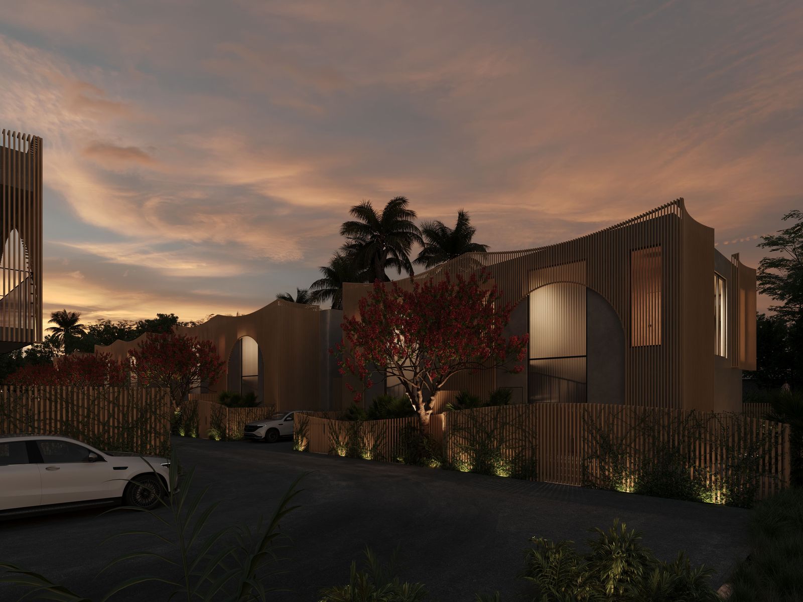 Modern villas managed by IBG Rentals at dusk
